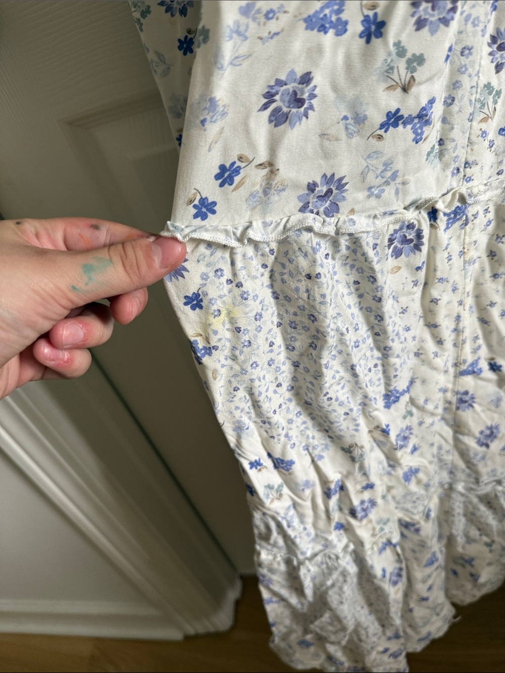 Cream Maxi Dress with Blue Floral Print - Lightweight Spaghetti Strap Maxi - Picture 4 of 4